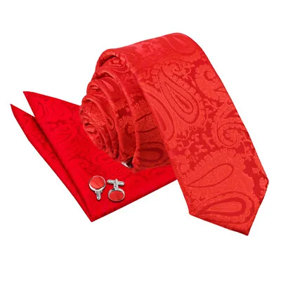 Mens Tie Hanky Cufflinks Set Woven Floral Paisley Red Classic Skinny By DQT • £10.99