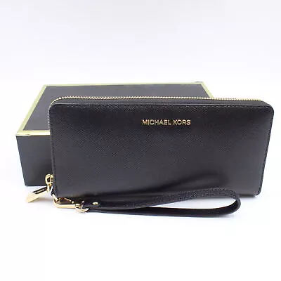 Michael Kors Leather Zip Around Continental Wristlet In Black With Gold Hardware • $59.96
