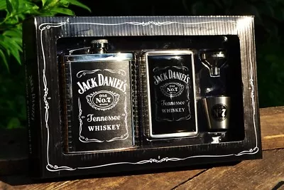 Jack Daniels 6 Oz Hip Flask - Shot Glass - Funnel - Cigarette Card Case Gift Set • £86.77