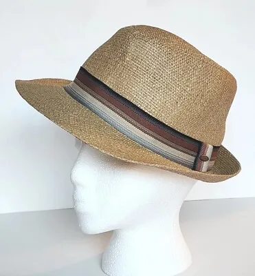 Mens Scala Fedora Raffia Hat Large Earth Tone Striped Ribbon Hand-made Tan • $39