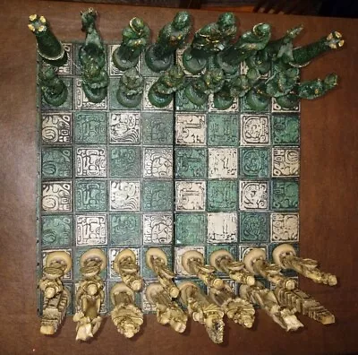 Vintage Aztec Mayan & Conquistadors Folding Chess Set ~ Turquoise & White Resin • $162