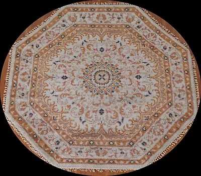 Light Blue Floral Heriz Serapi Oriental Octagon Rug 6'x6' Handmade Wool Carpet • $533