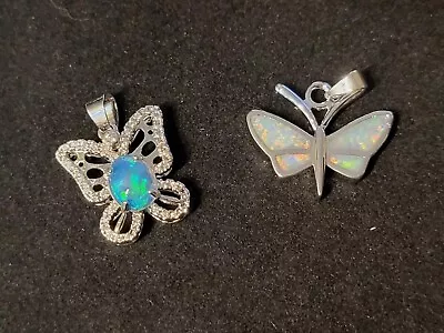  Fire Opal Butterflies 2 Piece Lot Silver Jewelry Necklace Pendants 1591 • $8