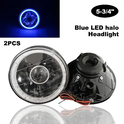 Pair 5-3/4 Inch Round Sealed Beam Blue LED Halo Black Projector Headlight Lamp • $19.99