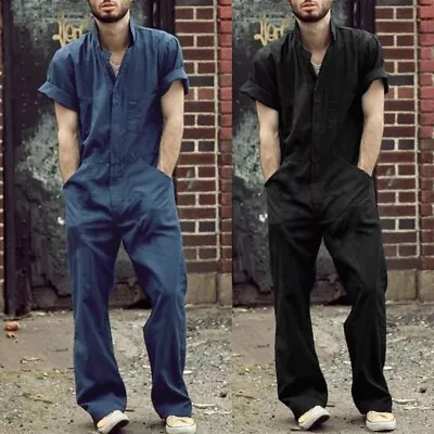 Male Jumpsuit Men Short Color Sleeve Basic Work Coverall Loose  Overalls Solid • $26.17