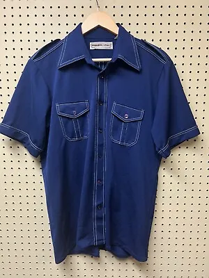 VINTAGE 70s Philippe Venet Sz L Blue Short Sleeve Button Down Shirt Pocket • $46.99