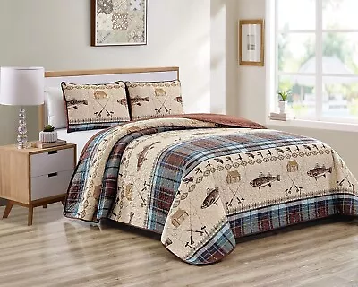 River Fly Fishing Themed Rustic Cabin Lodge Quilt Stitched Bedspread Bedding Set • $48.99