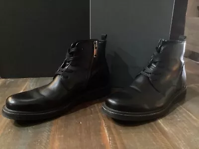 JOHN VARVATOS Brooklyn Lug Lace Side Zip Black Leather Ankle Boots Sz 11.5 • $72