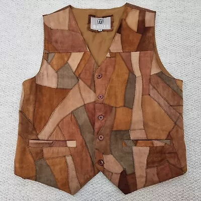 Mudie Real Leather Patchwork Button Waistcoat Vest Mens M Medium Brown Tan Boho • £40