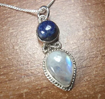 Moonstone And Lapis Lazuli 925 Sterling Silver Pendant A208h • $16.99