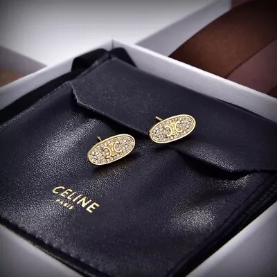 CELINE Logo Signature Earrings In Metal And Crystal • $72.79