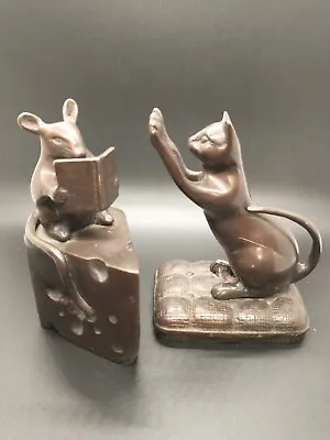 Bronze Cat And Mouse Bookends Whimsical Cat MCM • $79.99