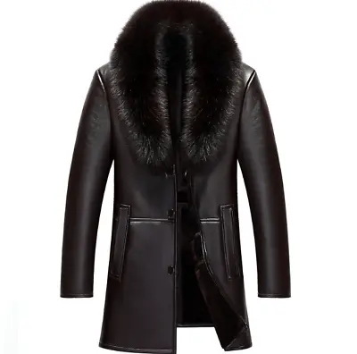 Mens Real Fox Fur Collar Coat Real Sheepskin Leather Jacket Winter Warm Overcoat • $160.12