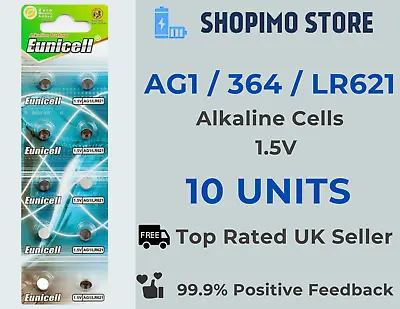10 X AG1 364 Alkaline 1.5v Battery LR60 LR621 SR621W Coin Cell Remote Eunicell • £2.29