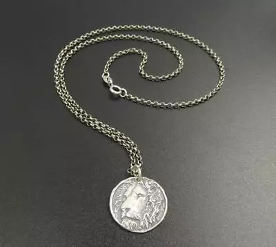 Handmade Unique Antiqued Sterling Silver Lion Head Round Charm Pendant Necklace • $28