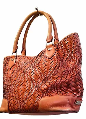 Woven Cole Haan Genevieve Shoulder Satchel Tote Handbag Orange Leather • $69