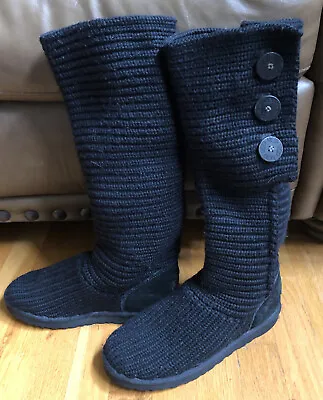 Vintage Ugg Black Knit Crochet High Top Tall Boots Shoes Women's Size US 8 • $56.78
