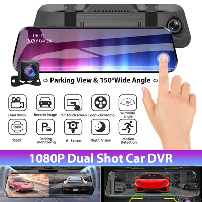 $89.79 • Buy 10'' 1080P Rear View Mirror Car Dash Camera Reversing Recorder Cam Touch Screen