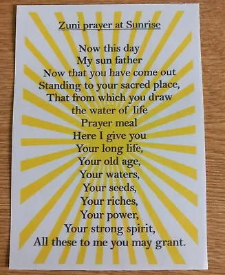 Native American Indian Laminated A6 Zuni Sunrise Prayer Saying Blessing • £2