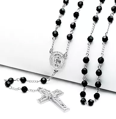 Men's Silver Black 6mm Bead Guadalupe Jesus Cross 28  Rosary Necklace HR 600 SBK • $7.99