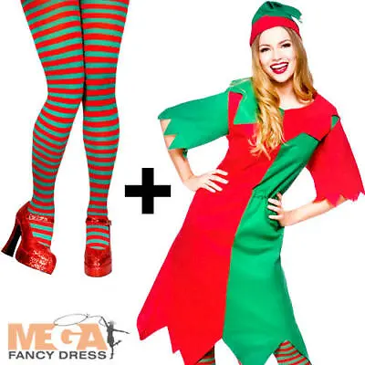 £15.99 • Buy Elf + Tights Ladies Fancy Dress Christmas Santas Helper Womens Adult Costume New