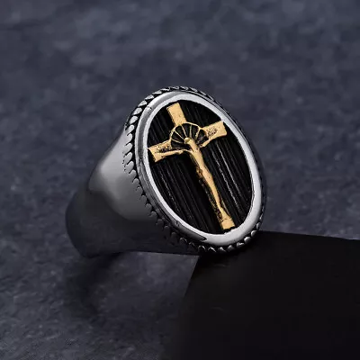 Stainless Steel Men's Catholic Jesus Cross Ring 7 -14 Size Silver Gold • $12.99