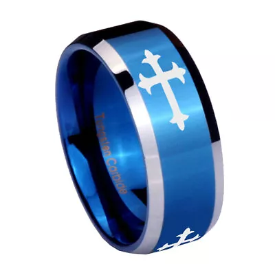 8mm Christian Cross Religious Beveled Edge Blue Rings With Engravings • $19.99