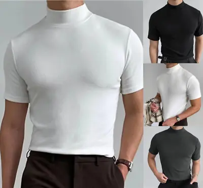 Men's Summer Tight Fashion High Collar Solid Color Short Sleeve T-shirt Top • $27.15