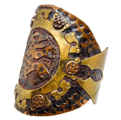 60s-70s Aztec Jaguar God Cuff Bracelet Handmade Mexico Mixed Metal Copper Brass • $74.99