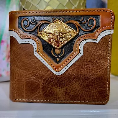 Longhorn Texas Mens Wallet Western GENUINE LEATHER Short Bifold Handtooled Brown • $39