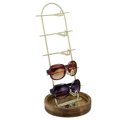 5 Tier Brass Metal Eyewear Sunglasses Display Stand Rack W/ Burnt Wood Base Tray • $54.68