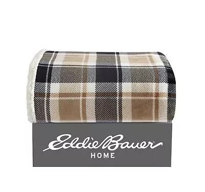 Eddie Bauer Rugged Plaid Plush-Fleece Brown Throw Blanket-50X60 • $29.99