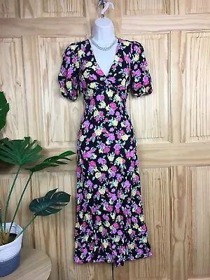 New Look Dress 6 Womens Floral Rose Print Midi Black Pink Vintage 70s 80s Style • £20