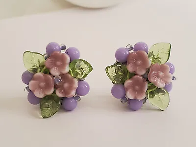 VTG West Germany Purple Glass Flowers Green Leaves Brass Clip On Earrings - 1  • $15