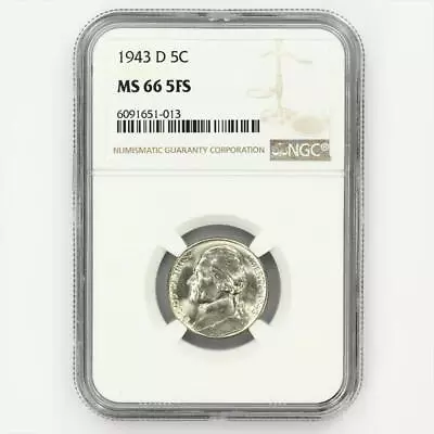 1943-D Jefferson War Time Nickel 5c - NGC MS66 5FS - Full Steps! • $26