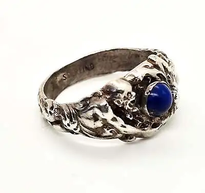 Devine Creation Vintage Man & Woman World Lapis Sterling Silver Ring Size 6.5 • $120