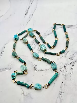 Vintage Scarab Necklace Blue Faience Scarab / Tube Beads Egyptian Revival  31” • $19.99