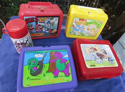 4 Lunch Box LOT Cabbage Patch Puppies Barney Mario Bros Plastic Thernos Brand  • $59.99