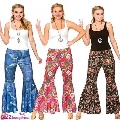 Ladies Hippie Flares 60's 70's Retro Hippy Flared Trousers Fancy Dress UK 6-24 • £11.99