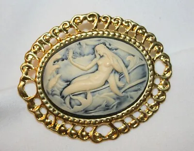 Large Loop Rimmed Goldtone Sculpted Shaded Blue Mermaid Cameo Brooch Pin • $13.99