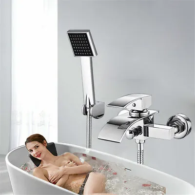 Chrome Wall Mounted Bathtub Shower Mixer Taps Waterfall Spout Mit Hand Shower UK • £59