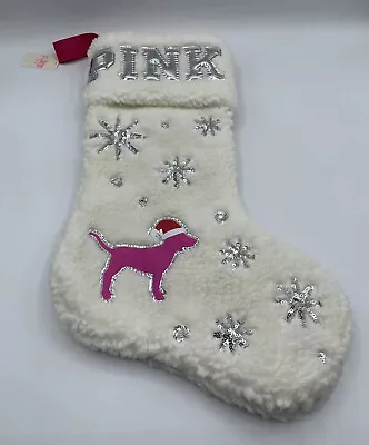 NWT Victoria’s Secret Pink Christmas Stocking Large White Faux Fur Silver Sequin • $24.99