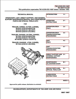 415 Page TM 9-2330-202-14&P TRAILER CARGO 3/4-TON 2-WHEEL M101 M116 On Data CD • $14.99