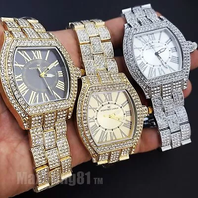 Luxury Iced Cubic Zirconia Roman Numeral Dial Bling Metal Band Hip Hop Watch • $28.99