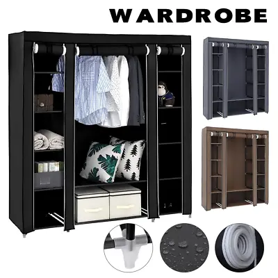 Large Canvas Fabric Wardrobe With Hanging Rail Shelving Clothes Storage Cupboard • £17.99