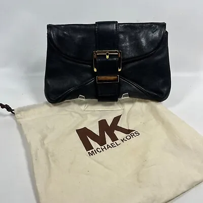 MICHAEL KORS Clutch Heidi Genuine Leather Luggage Gold Hardware Black • $79.99