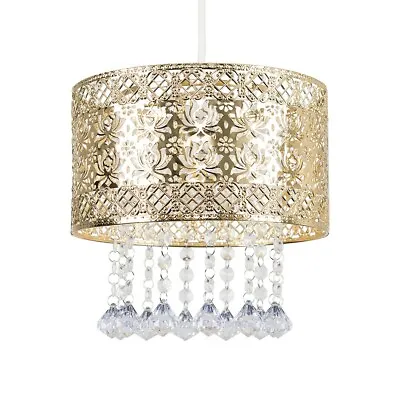 Gold Ceiling Light Shade Pendant Drum Lampshade Jewel Droplets LED Bulb Lighting • £19.99