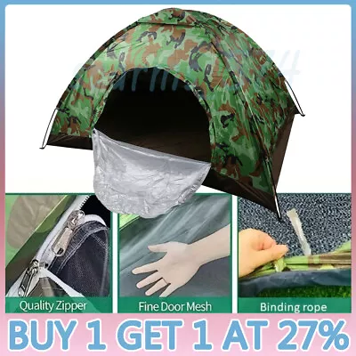 Pop Up Hiking Tent 1-2 Person Family Camping Outdoor Festival Shelter Tent Camo • £14.55