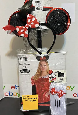 Disney Minnie Mouse L/S Top  Adult S/M + Ears + Fingerless Gloves - NIP • $20