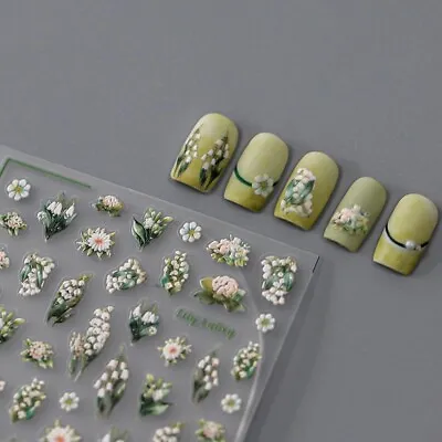 3D Lily Of The Valley Nail Art Stickers White Floral Self Adhesive DIY Decal • £3.99